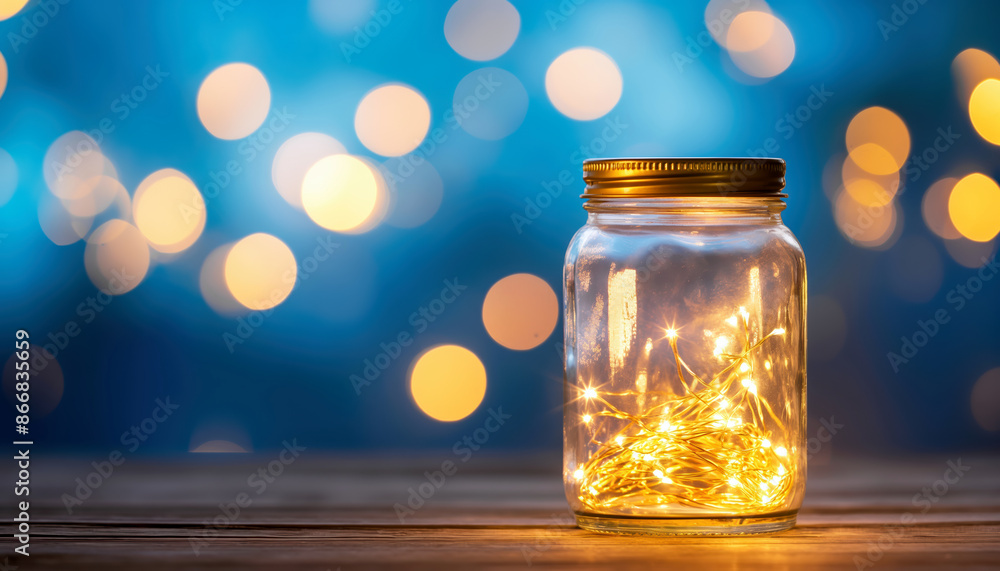 Jar of Fairy Lights Against a Blue and Gold Bokeh Background Jar of Fairy Lights Against a Blue and Gold Bokeh Background