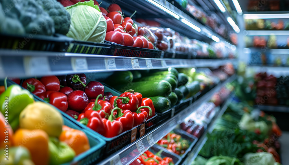 A Vibrant Display of Fresh Produce in a Grocery Store Aisle A Vibrant Display of Fresh Produce in a Grocery Store Aisle