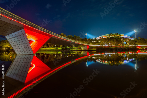 Long Exposure of the River Torrens, beautiful place to walk, where can be found the Pedestrian Bridge and the Adelaide Oval, Australia