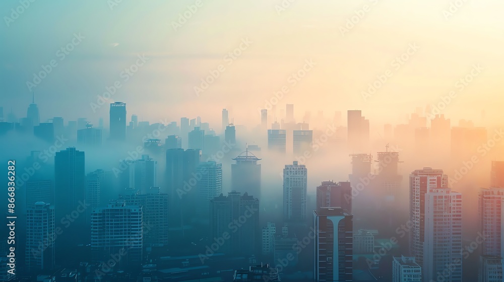 Fog covers urban buildings creating a mysterious atmosphere. Fog covers urban buildings creating a mysterious atmosphere.