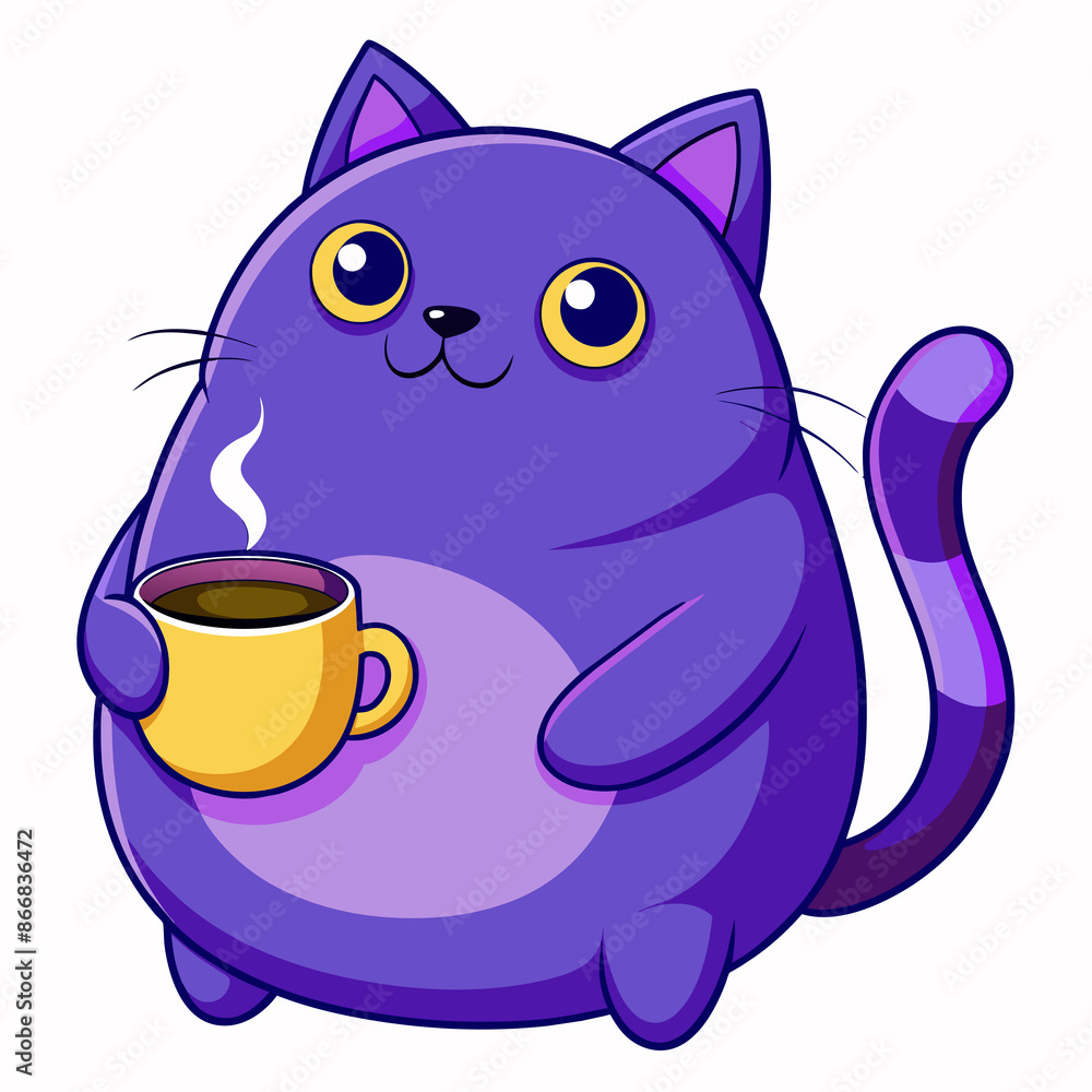 graphic of a big fat purple cat with coffee graphic of a big fat purple cat with coffee