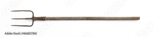 Photos old pitchfork for hay isolated on white background