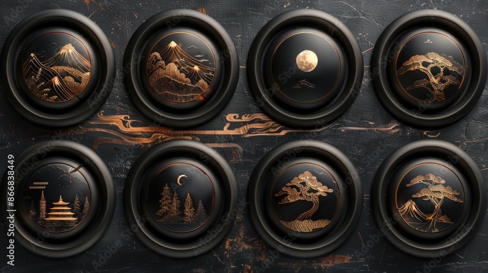A collection of black buttons with gold designs of mountains, trees, and the moon on a black surface, presenting a unique label and ornament pattern.