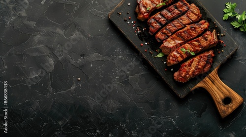 Grilled Denver steak on cutting board with BBQ beef on black background top view with space for text photo