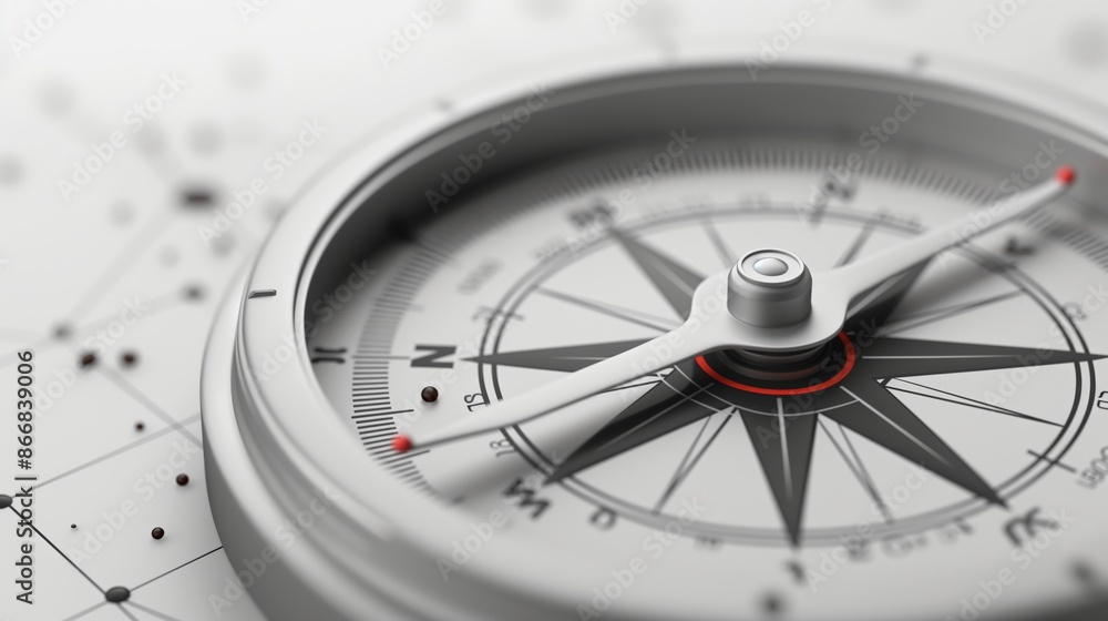 Elegant and minimalistic design showcasing a compass with a close-up of the needle pointing north. Bright and light, isolated on a white background with perfect white balance. Elegant and minimalistic design showcasing a compass with a close-up of the needle pointing north. Bright and light, isolated on a white background with perfect white balance.