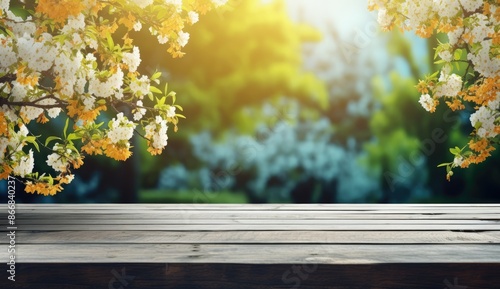 Empty table on summer blurred background. Mockup for presentation, product branding, cosmetics, food or decoration. © inna717