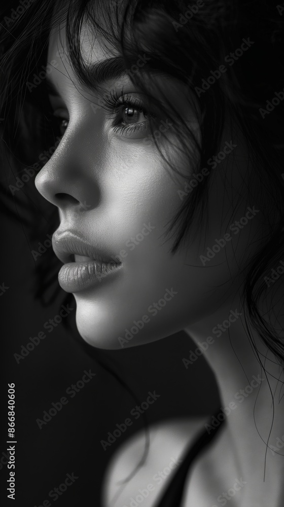 Monochrome Side Profile of a Young Woman with Dark Hair in Soft Light
Monochrome Side Profile of a Young Woman with Dark Hair in Soft Light