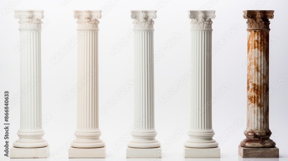 Antique columns and statues displayed on white background for product presentation Antique columns and statues displayed on white background for product presentation