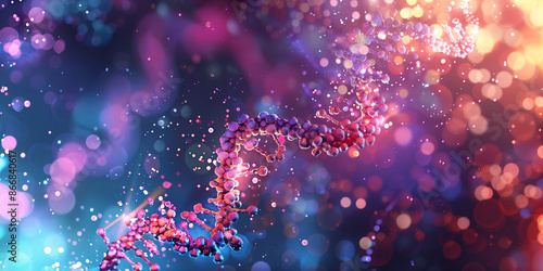 A detailed depiction of a DNA helix with colorful, vibrant elements surrounded by a bokeh background, conveying a sense of biotechnology and scientific wonder.