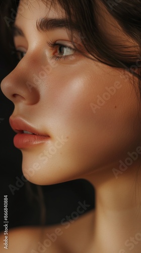Side Profile Portrait of a Young Woman with Smooth Skin and Deep Eyes