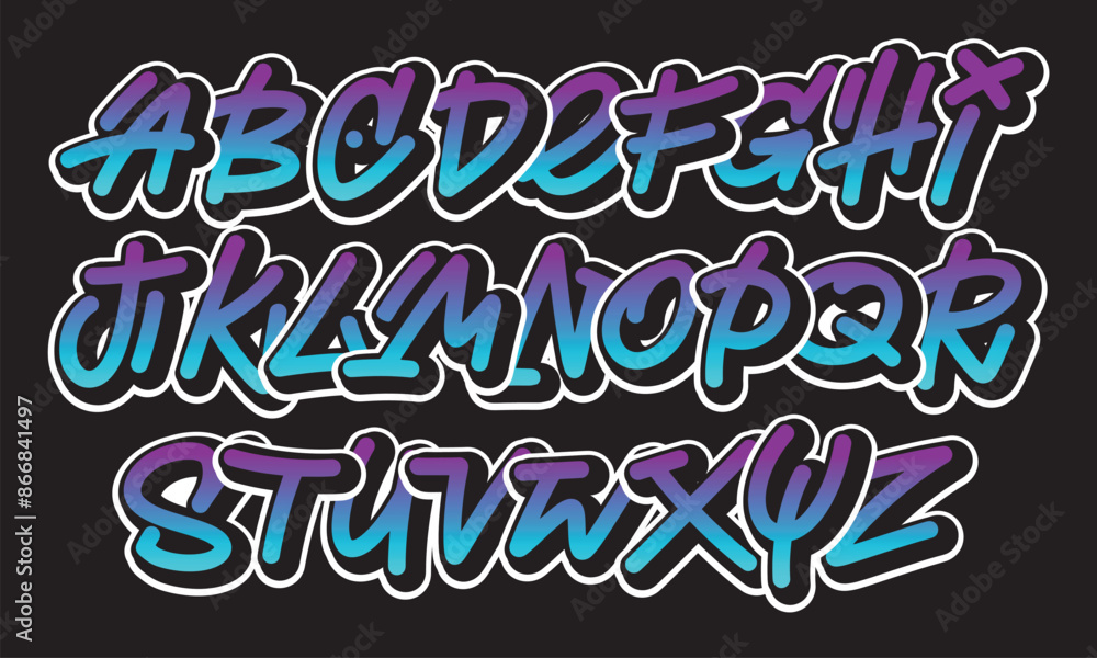 Street graffiti style alphabet, hand drawn. youthful urban atmosphere. spirited expressive headline.vector color graffiti alphabet on black background Street graffiti style alphabet, hand drawn. youthful urban atmosphere. spirited expressive headline.vector color graffiti alphabet on black background