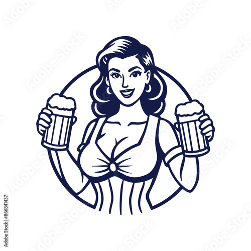 Logo young sexy girl holding big beer mugs.Vintage beer logo or emblem isolated on white background
