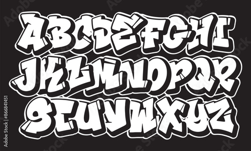 Street alphabet in hip-hop graffiti style, hand drawn. youthful urban atmosphere. energetic expressive title. vector graffiti alphabet on black background