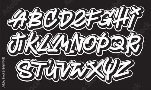 Street alphabet in graffiti style, hand drawn. youthful urban atmosphere. energetic expressive title. vector graffiti alphabet on black background