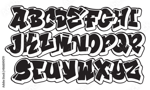 Street alphabet in hip-hop graffiti style, hand drawn. youthful urban atmosphere. energetic expressive title. vector graffiti alphabet on white background