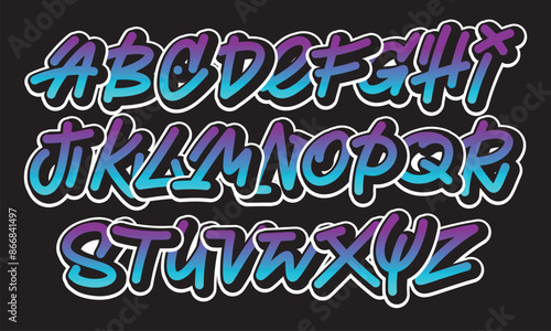 Street graffiti style alphabet, hand drawn. youthful urban atmosphere. spirited expressive headline.vector color graffiti alphabet on black background