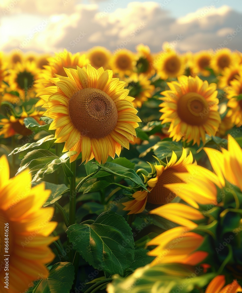 Fototapeta premium Sunlit Sunflower Field at Sunset