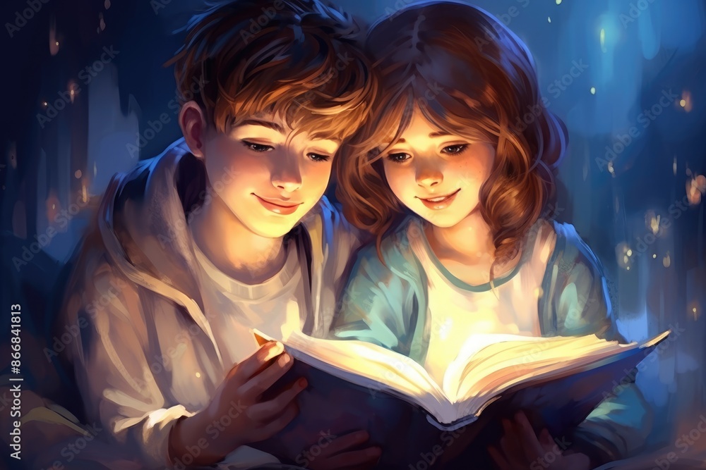 Cute boy and girl are sitting on the floor and reading a book, magazine with pleasure and curiosity. Reading for pleasure. Isolated illustration. Cute boy and girl are sitting on the floor and reading a book, magazine with pleasure and curiosity. Reading for pleasure. Isolated illustration.