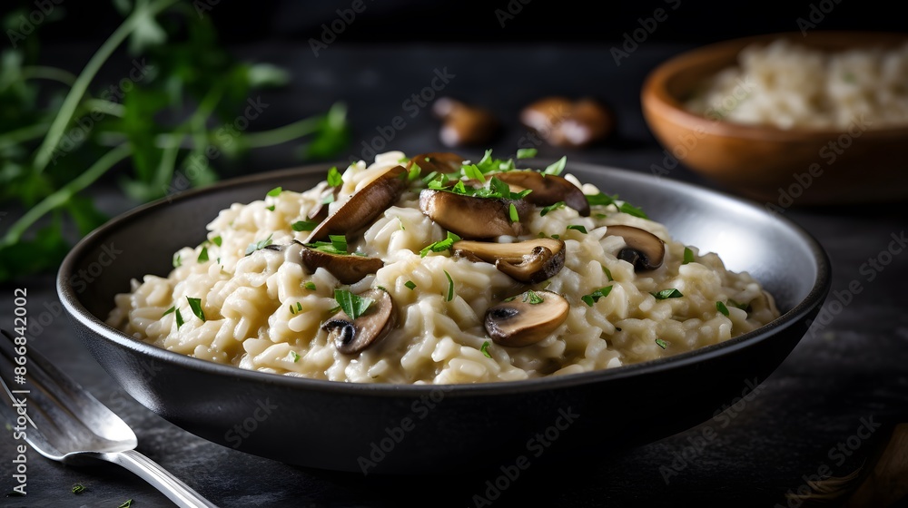 Creamy Mushroom Risotto Garnished with Fresh Parsley in a Sophisticated Presentation Creamy Mushroom Risotto Garnished with Fresh Parsley in a Sophisticated Presentation