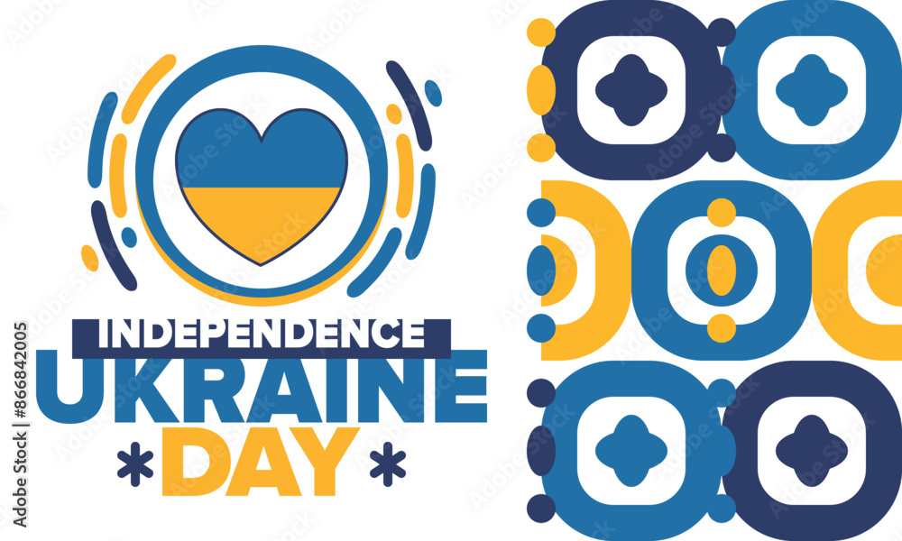 Fototapeta premium Independence Day in Ukraine. National happy holiday, celebrated annual in August 24. Ukrainian flag. Blue and yellow. Patriotic elements. Poster, card, banner and background. Vector illustration