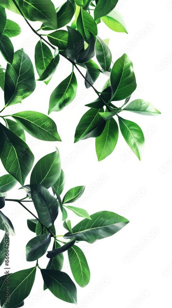 Close-up of green leaves on branches with white background, nature and freshness concept Close-up of green leaves on branches with white background, nature and freshness concept