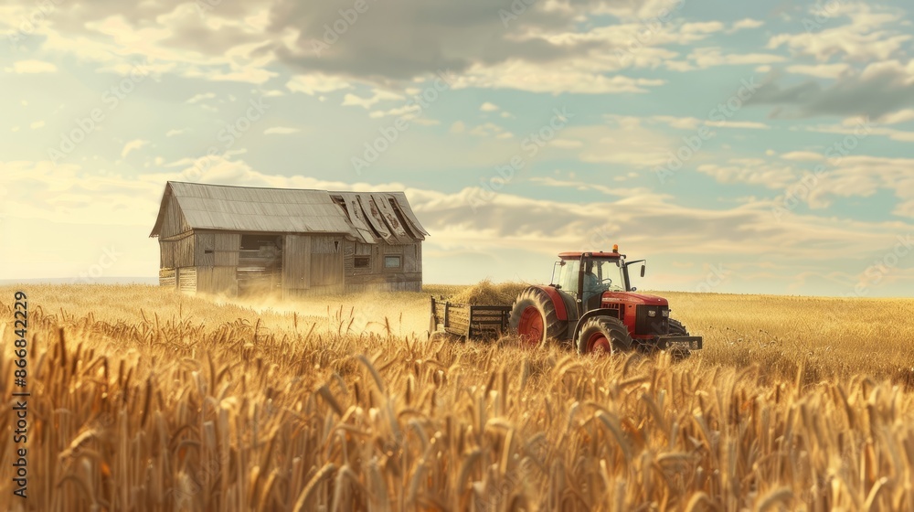 Fototapeta premium Tractor hauling harvested crops to barn