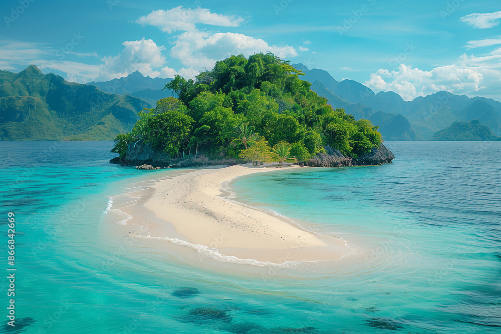 Fototapeta premium Secluded island with a sandy beach and lush vegetation