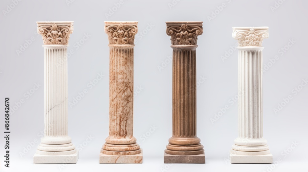 Antique columns and statues on white background for product presentation and display Antique columns and statues on white background for product presentation and display