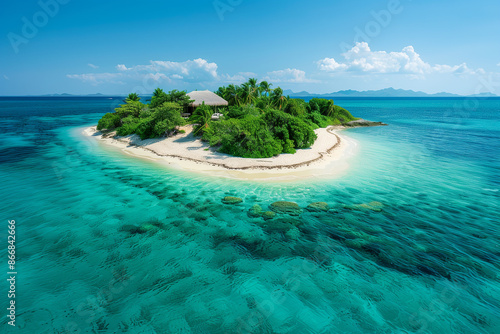 Secluded island with a sandy beach and lush vegetation