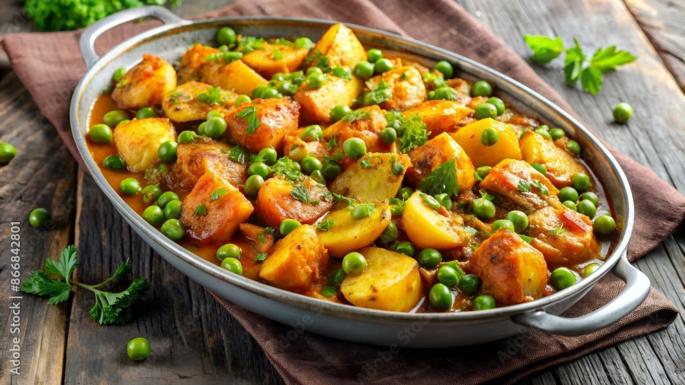 Homemade spicy potatoes with garden peas in an oval dish. Aloo mutter sabzi. Homemade spicy potatoes with garden peas in an oval dish. Aloo mutter sabzi.