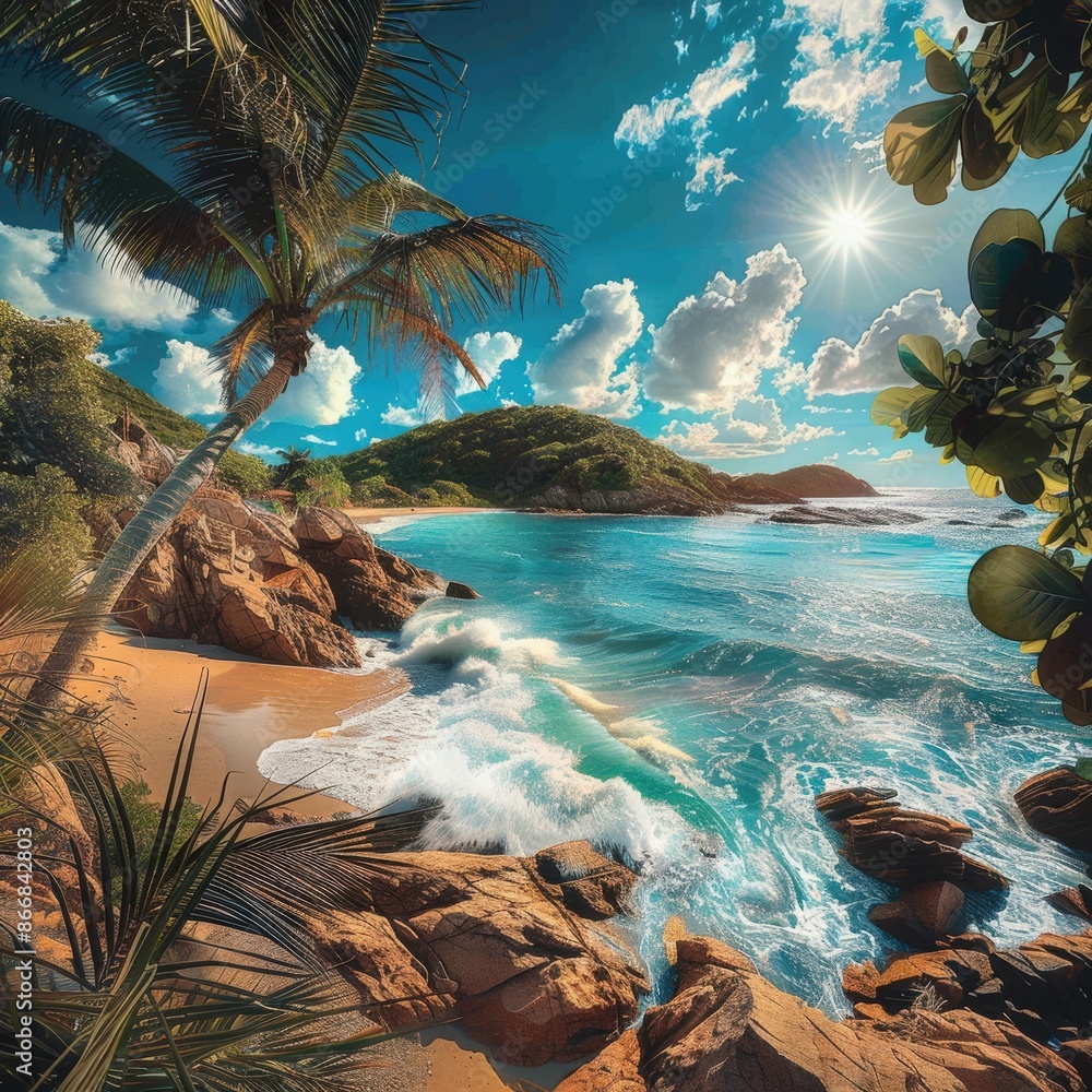 Fototapeta premium Sunny Beach With Palm Tree and Waves