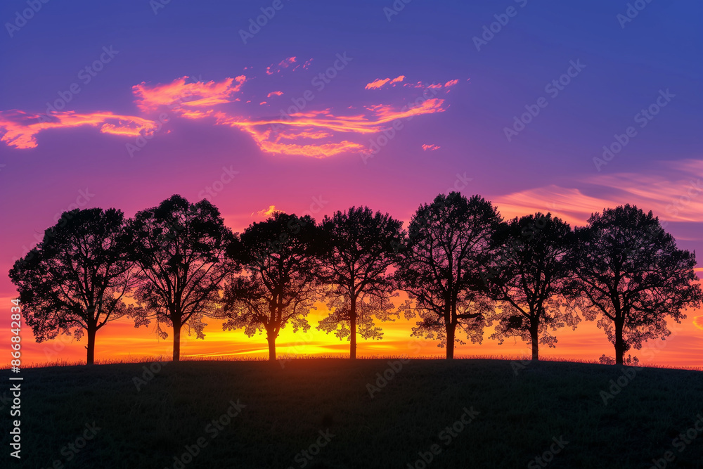 Silhouette of trees against a colorful summer sunset Silhouette of trees against a colorful summer sunset