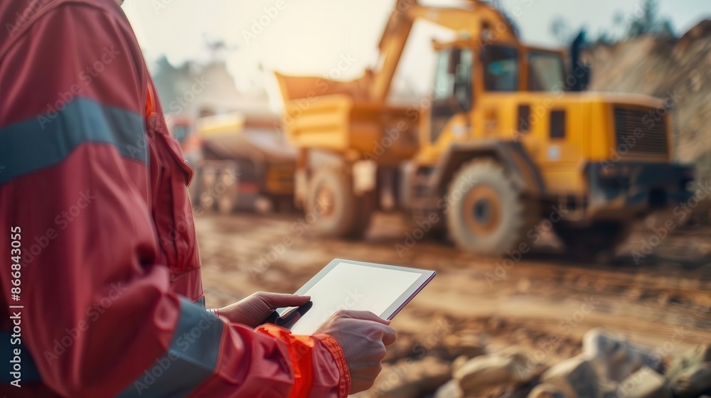Fototapeta premium Logistics supervisor using a tablet on a construction site with heavy machinery and trucks in the background