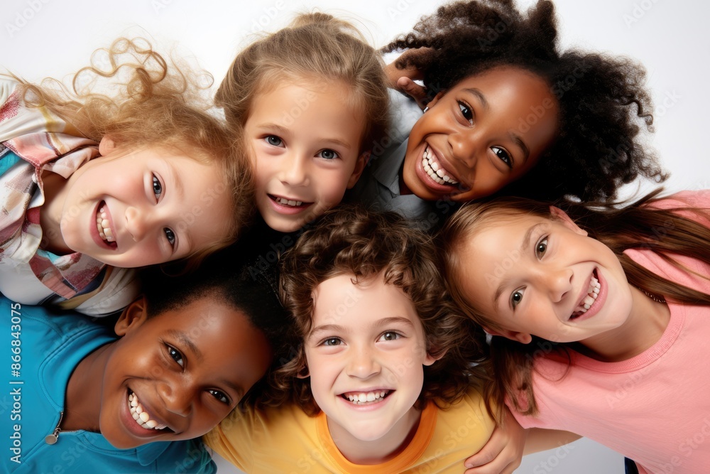 Bunch of cheerful joyful cute little children playing together and having fun. Group portrait of happy kids huddling, looking down at camera and smiling. Low angle, view from below. Friendship concept Bunch of cheerful joyful cute little children playing together and having fun. Group portrait of happy kids huddling, looking down at camera and smiling. Low angle, view from below. Friendship concept