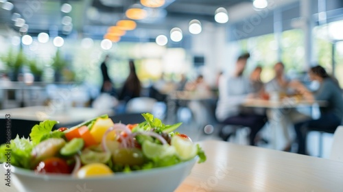 Healthy salad in busy cafeteria. Fresh salad bowl on table with blurred cafeteria and people in background, ideal for food, health, or restaurant themes.
