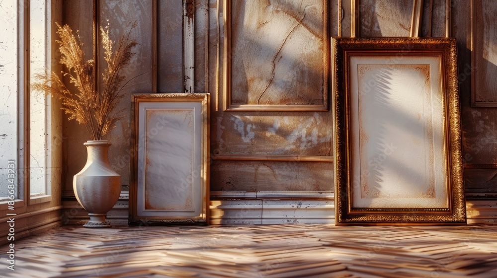 Fototapeta premium Golden frames and a vase placed on the ground
