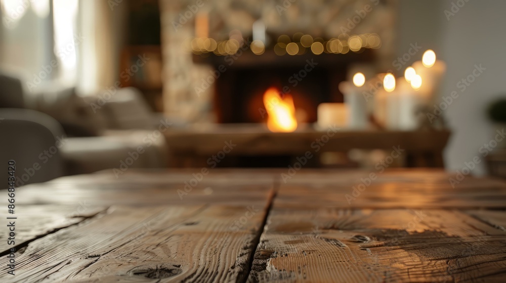Rustic wooden table with cozy fireplace background. Empty wooden table top with cozy living room and fireplace in the background, perfect for product display. Rustic wooden table with cozy fireplace background. Empty wooden table top with cozy living room and fireplace in the background, perfect for product display.