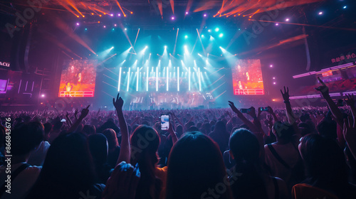 A vibrant scene at a K-pop concert with a back of Korean fans cheering enthusiastically