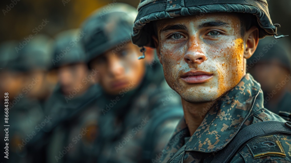 Fototapeta premium Handsome Biracial Army Guard in Uniform Standing at Attention with Fellow Soldiers in Field of View, Cinematic Hyper-Realistic Photography