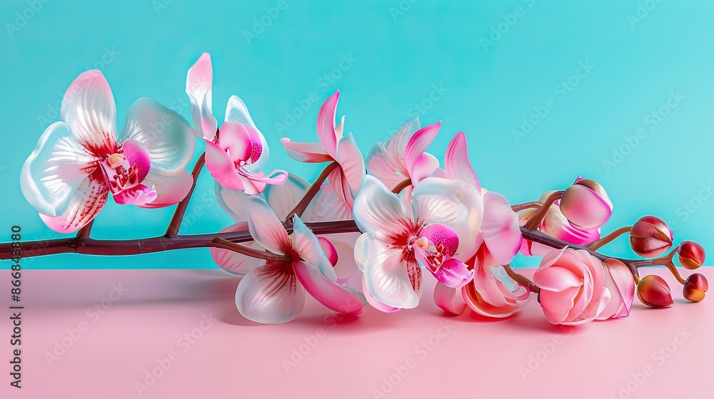 Fototapeta premium Close-up of elegant pink orchids on pastel background, perfect for nature-themed design or calming interior decor.