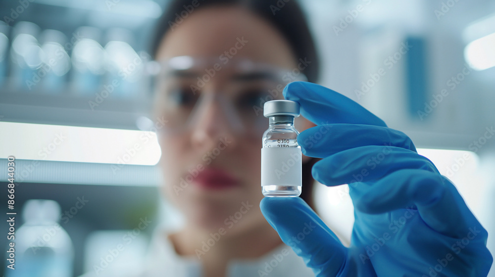 view of a woman's hand wearing a latex glove, holding a white and blue vaccine bottle view of a woman's hand wearing a latex glove, holding a white and blue vaccine bottle