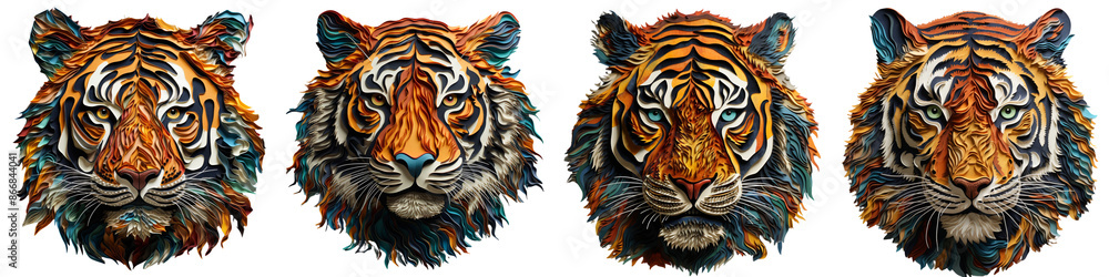 set of a isolated tiger head with vibrant colors and detailed texture on transparent background set of a isolated tiger head with vibrant colors and detailed texture on transparent background