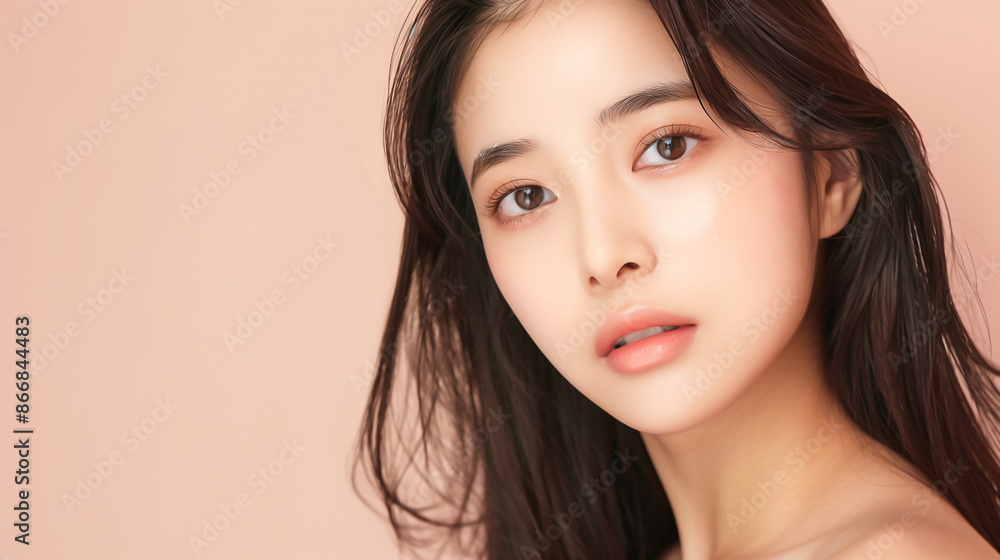 Close up on face of young Asian woman with clean fresh skin on pink beige background Close up on face of young Asian woman with clean fresh skin on pink beige background
