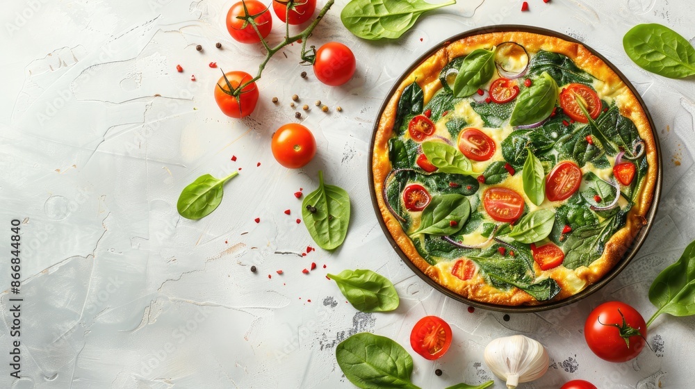 Italian frittata with spinach tomatoes onion peppers on white table viewed from top Space for text Italian frittata with spinach tomatoes onion peppers on white table viewed from top Space for text