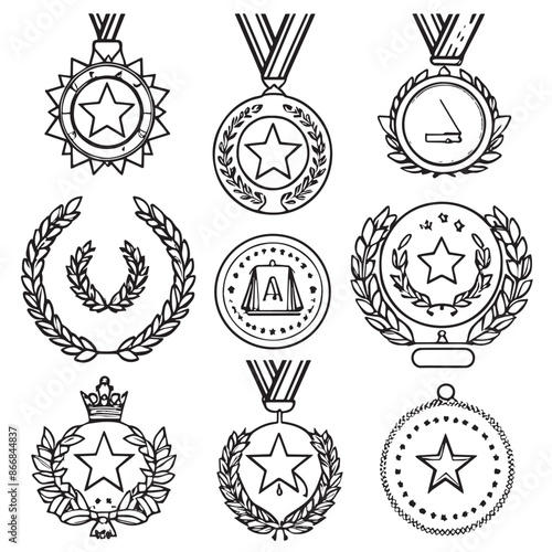 Award medal icon set. Winner or victory badge medal. Contains approved, verified, certified, star, achievement, and first medal. Vector illustration 