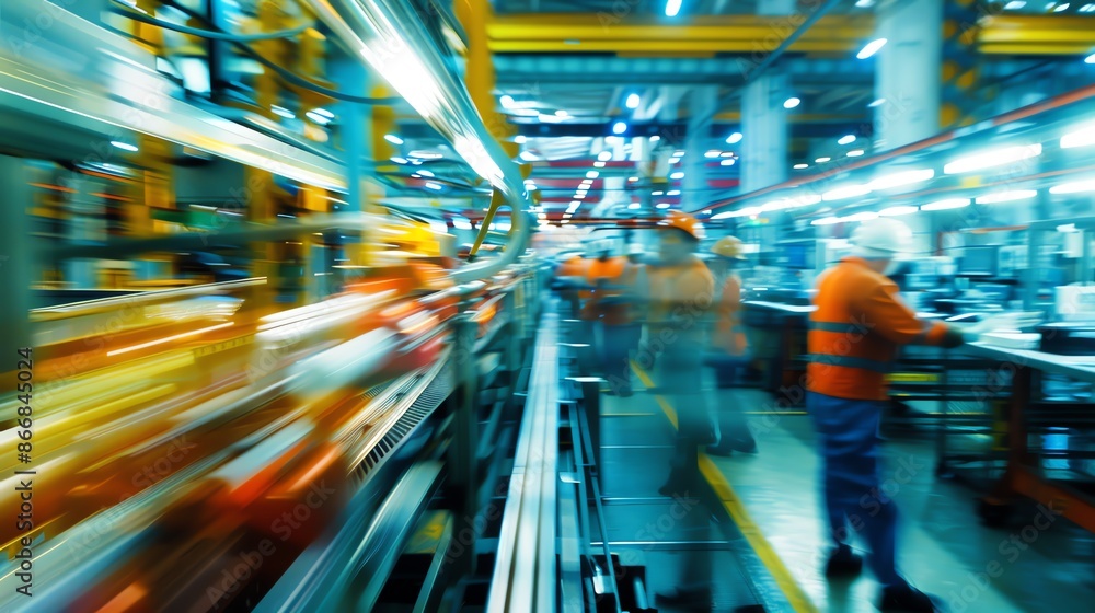 Fototapeta premium A group of workers in protective suits engaged in a factory environment. 
