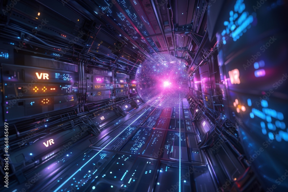 Futuristic VR Tunnel with Glowing Elements and Digital Data Streams Futuristic VR Tunnel with Glowing Elements and Digital Data Streams