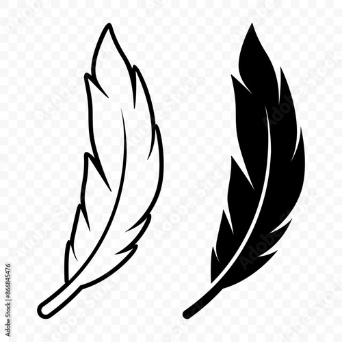 Vector Black and White Fluffy Feather Logo Icons. Silhouette Feather Set Closeup Isolated. Design Template of Flamingo, Angel, Bird Feather. Lightness and Freedom Concept