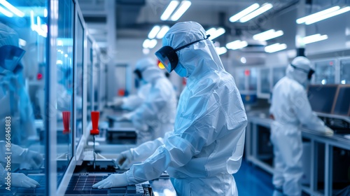 A group of workers in protective suits engaged in a factory environment. 