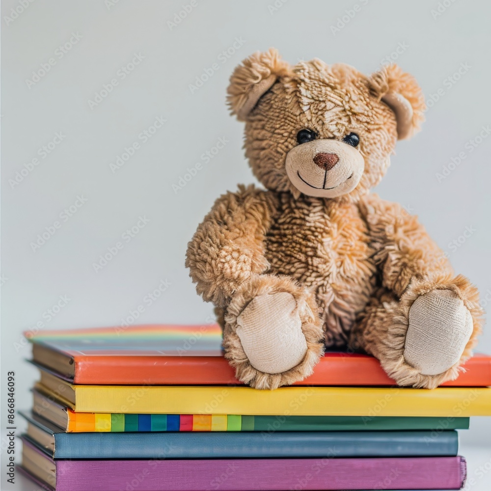 Colorful Stack of Children's Books with Bear Toy Colorful Stack of Children's Books with Bear Toy